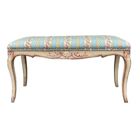 1960s Carved and Painted Italian Bench / Ottoman in Striped Floral Chintz