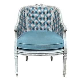 Mid-Century French Provincial Style Hand Painted Blue / White / Pink Caned Chair