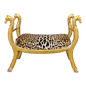 19th-C. Neo-Classical Maison Jansen Style Giltwood Bench / Ottoman in Leopard Velvet