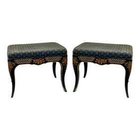 20th Century Black Lacquer Chinoiserie Painted Ottomans - Pair