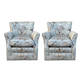 1940s French Children‚Äôs Wingback Chairs With Down Cushions in Cat & Birdcage Toile