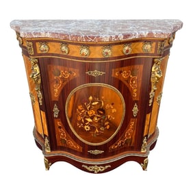 Italian Louis XV Satinwood Marquetry Console Cabinet- Pink Marble, Brass Ormolu & Porcelain Medallio