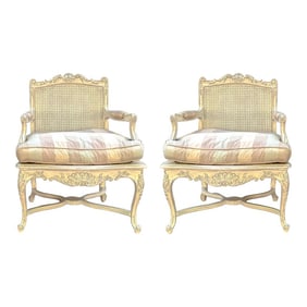 French Louis XV Style Carved Shell & Painted Caned Bergere Chairs -Pair