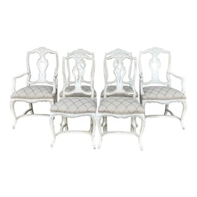 Mid-Century French Style Carved & Painted Dining Chairs Embroidered Linen - S/6