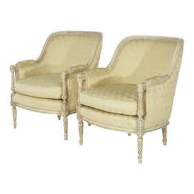 1950s French Louis XVI Style Carved and Painted Bergere Chairs by Hibriten - Pair