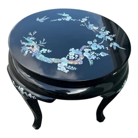 Late 20th Century Vintage Black Asian High Gloss Lacquer Side Table With Floral Gemstones