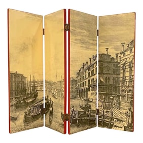 1960s Italian Mid-Century Lacquer/Vellum Table Screen, Canaletto Style View of Venice