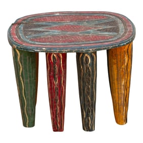 Distressed Multicolor Carved Wood Table