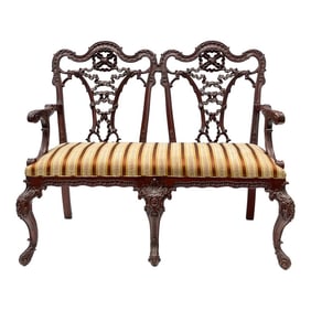 Early 20th-C. English Chinese Chippendale Style Carved Mahogany Settee / Bench