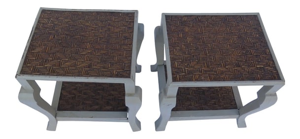 Japanese Knitted Cane Top and Bottom Side Tables - a Pair