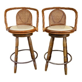 Mid Century Coastal Bamboo and Rattan Swivel Stools a Pair of 2