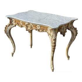 Early 19th-C. French Louis XIV Style Carved and Painted Giltwood Marble Top Center or Side Table