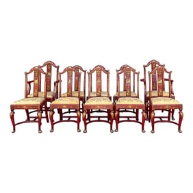 Early English Georgian Queen Anne Style Red & Gilt Chinoiserie Dining Chairs -S/10