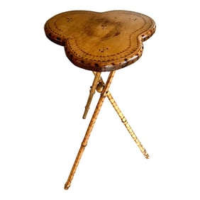 Late 19th Century Tortoiseshell Bamboo Tripod Leg Birdseye Maple Clover Top Side or Drink Table