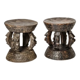 Antique African Hand Carved Wood Figural Low Stools, Gabon, A-Pair