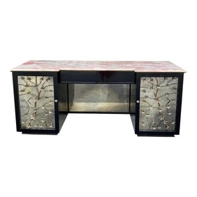 Hollywood Regency Lacquered & Mirrored Credenza / Vanity / Desk /Sideboard W/ Pink Marble & Tole Doo