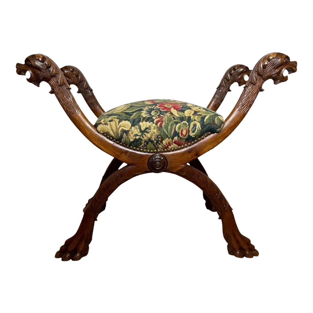 British 19th Century X Frame Carved Walnut Window Stool With Hunting Dog Heads: 1 Fine British Antique Victorian 19th Century Traditional Beautiful X Frame Stool Window Single Seat With Hunting Dog Heads. Magnificently hand carved from out of solid walnut, you will really love th