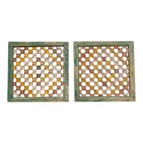 Set of Two, Antique Multicolor Lattice Windows