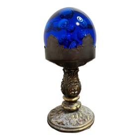 Murano Style Arctic Blue Paper Weight Housed in a Mid-Century Hollywood Regency Candle Holder