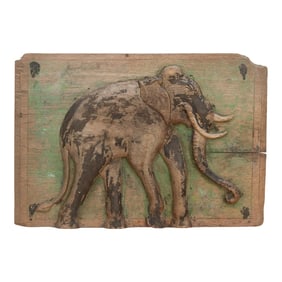 Antique Painted Thai Elephant Wall Carving
