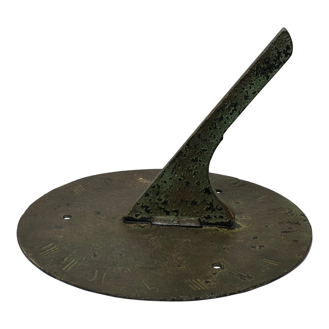 Early 19th Century English Georgian Bronze Round Sundial Top With Gnomon Garden Ornament With Verdig: 1 Fascinating Antique English Georgian Architectural Exceptional Bronze Garden Round Sundial Top With Gnomon Timepiece. Having classic roman numerals around the base plate. Made from out of bronze. A