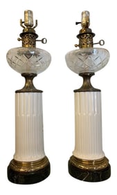 Vintage Milk Glass Column With Brass & Black Marble Base Lamps - a Pair