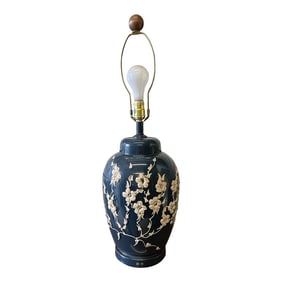 Vintage 1960s Blue and White Floral Ceramic Table Lamp