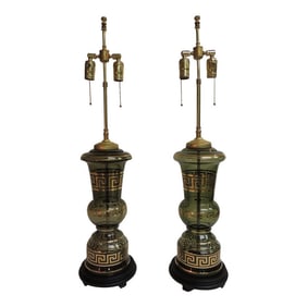 Antique Smoked Glass and Gold Greek Key Details Table Lamps - A Pair