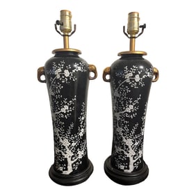 1970s Chinoiserie Black and White Cherry Blossom Large 20" Lamps With Gold Elephant Head Rings - a P