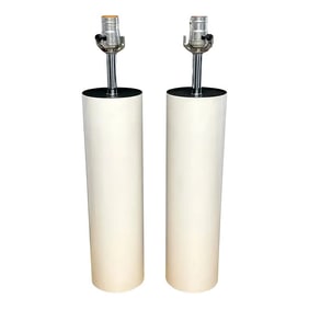 Mid 20th Century Walter Von Nessen Tall White Enameled Column Lamps - a Pair