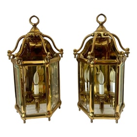 Pair of Heavy Pagoda, Bronze & Beveled Glass Three Lights Wall Lanterns