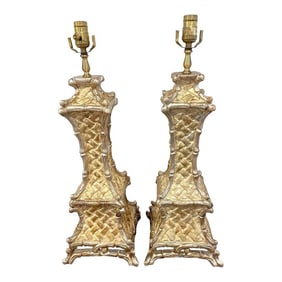 1960s Italian Mid-Century Carved Giltwood Faux Bamboo Column Lamps - A Pair