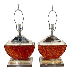 1980s French 1980s Silver-Plated Bronze & Orange Lucite Half-Moon Table Lamps - A Pair