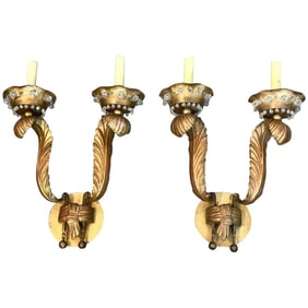 Mid 20th Century Maison Jansen Gilt Feather Motif Wall Sconces - a Pair