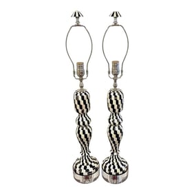 Late 20th Century Modern Chevron Pattern Black & White Tessellated Stone & Lucite Lamps - a Pair