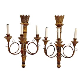 Mid 20th Century Italian Carved Giltwood Neoclassical Quiver Motif 3-Light Sconces - a Pair