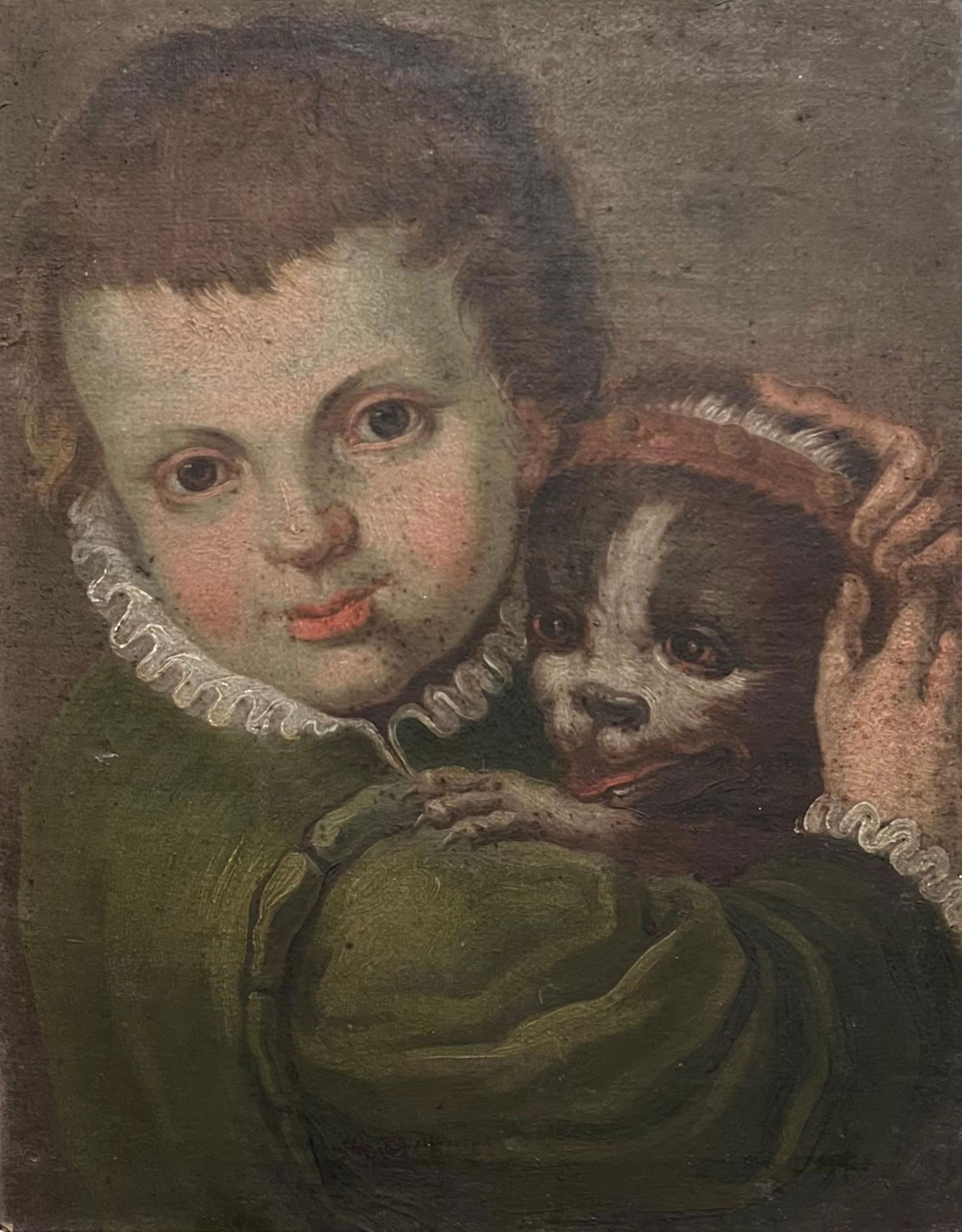 Fine 1600's Italian Baroque Master Portrait of Child with Pet Dog Oil Painting 1600's: About the Item Portrait of a Child with Pet Dog Italian School, early 1600's circle of Annibale Carracci (1560-1609) oil on canvas, framed Framed: 11.5 x 9 inches Board : 10.5 x 8.5 inches Provenance: