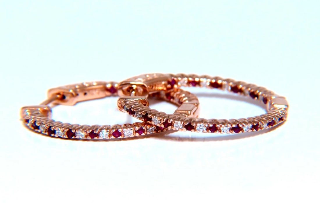 .58ct natural Ruby diamonds hoop earrings 14kt rose gold inside out 25mm+ (1 of 6)