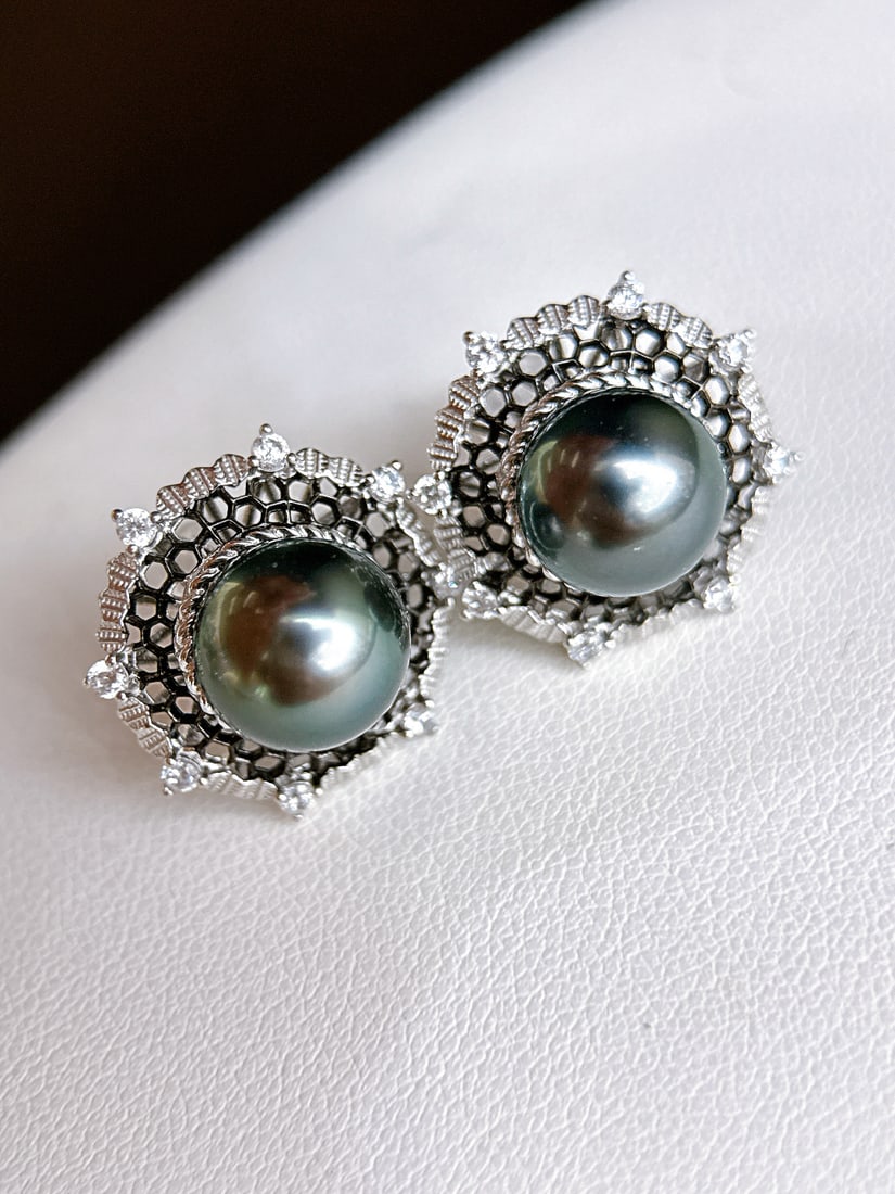 S925 silver Buccellati lace black pearl earrings (1 of 4)
