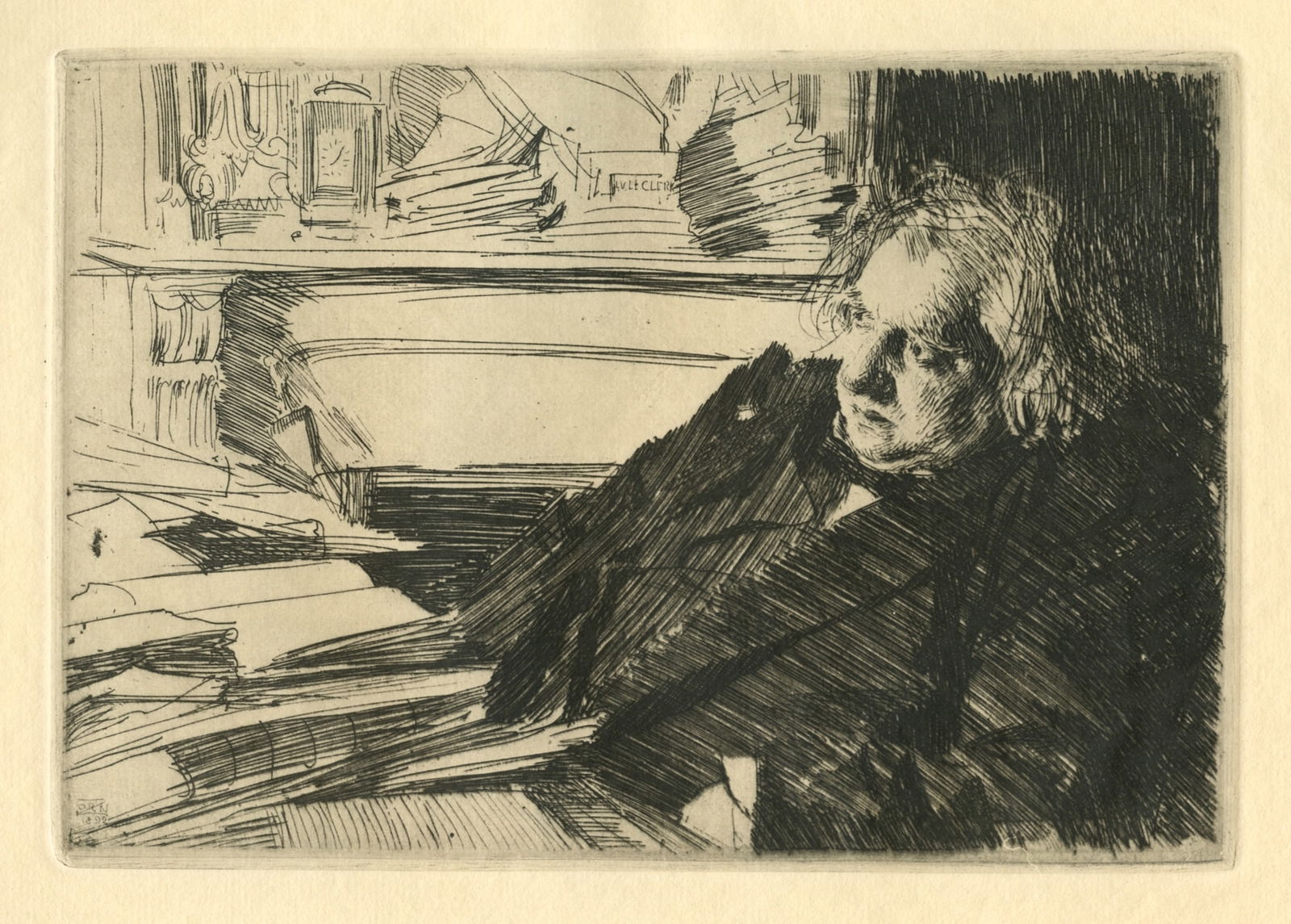 Anders Zorn "Ernest Renan": Medium: heliogravure (after the etching). Printed in Stockholm in 1920 on laid paper in an edition of 650 for the Asplund catalogue and now scarce. There is a platemark around the image as with an act