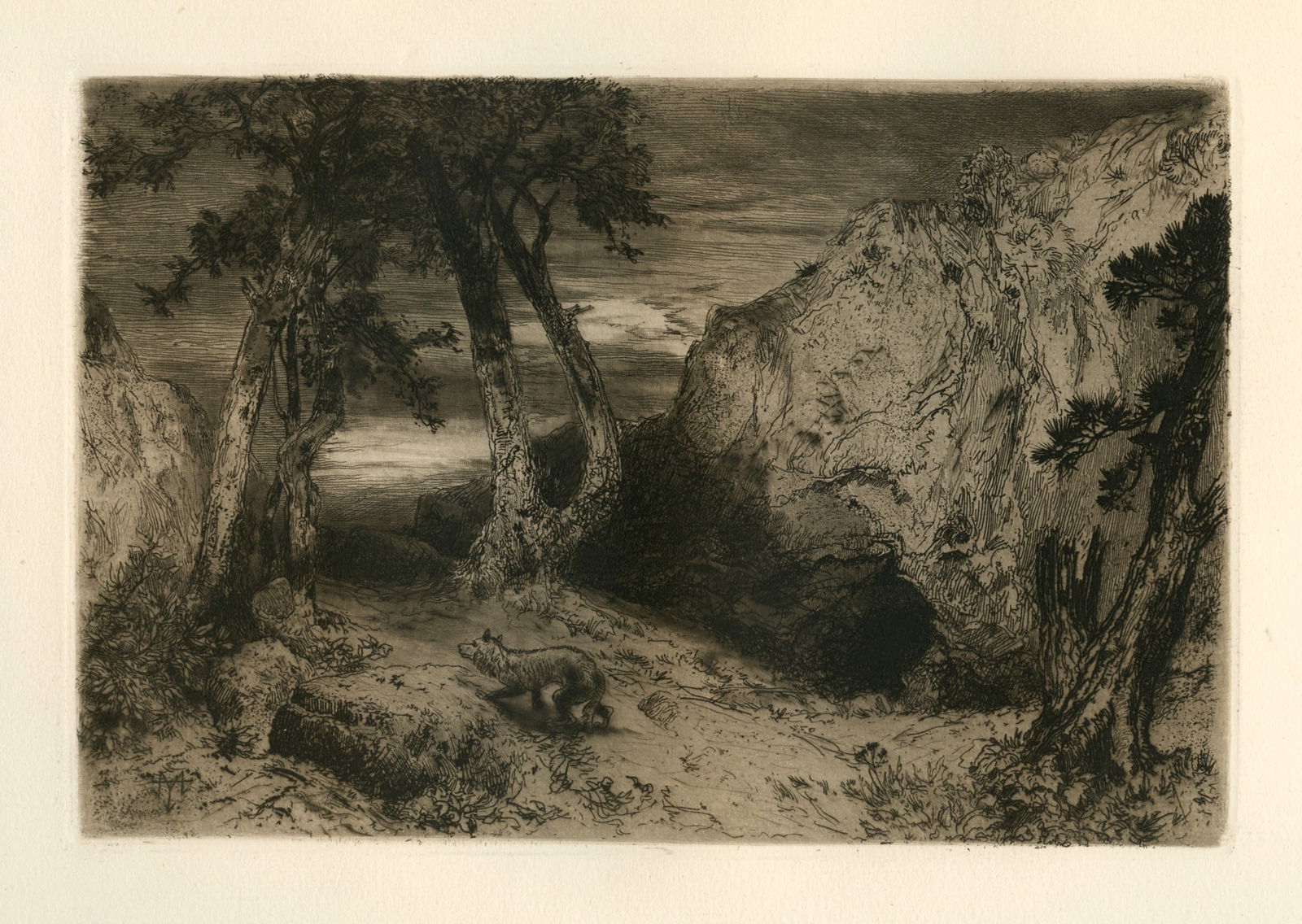 Thomas Moran original etching "Twilight in Arizona": Medium: original etching. Catalogue reference: Klackner 27. This is a rich, dark impression on wove paper, printed in 1885 for the Sylvester R. Koehler portfolio of etchings and published by Cassell &