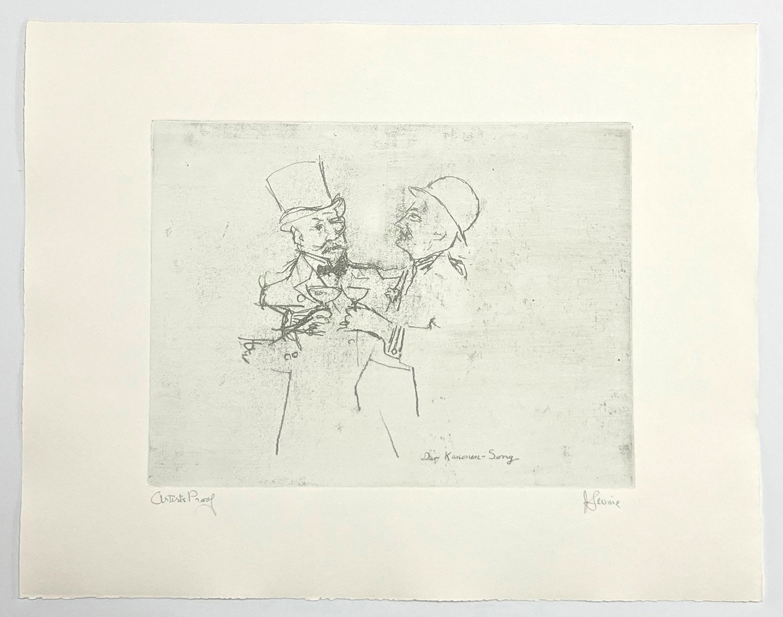 Jack Levine signed original etching "Der Kanonen Song": Medium: original soft ground etching. Signed in pencil and annotated "Artist's Proof". Printed in 1967 for the Dreigroschen Film portfolio and published by Touchstone Publishers. This is one of 10 art