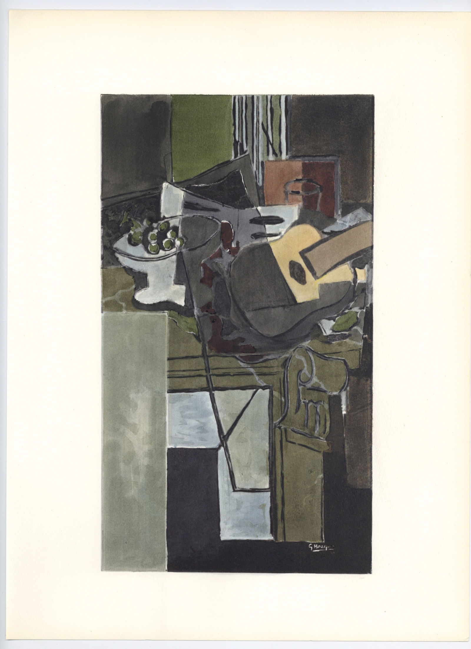 Georges Braque pochoir "La cheminee": Medium: pochoir (after the painting). Printed in 1962 in a limited edition of 200 for the scarce Braque 20 Pochoirs portfolio, published in Milan by Silvana Editoriale d'Arte. Image size: 11 3/4 x 6 3