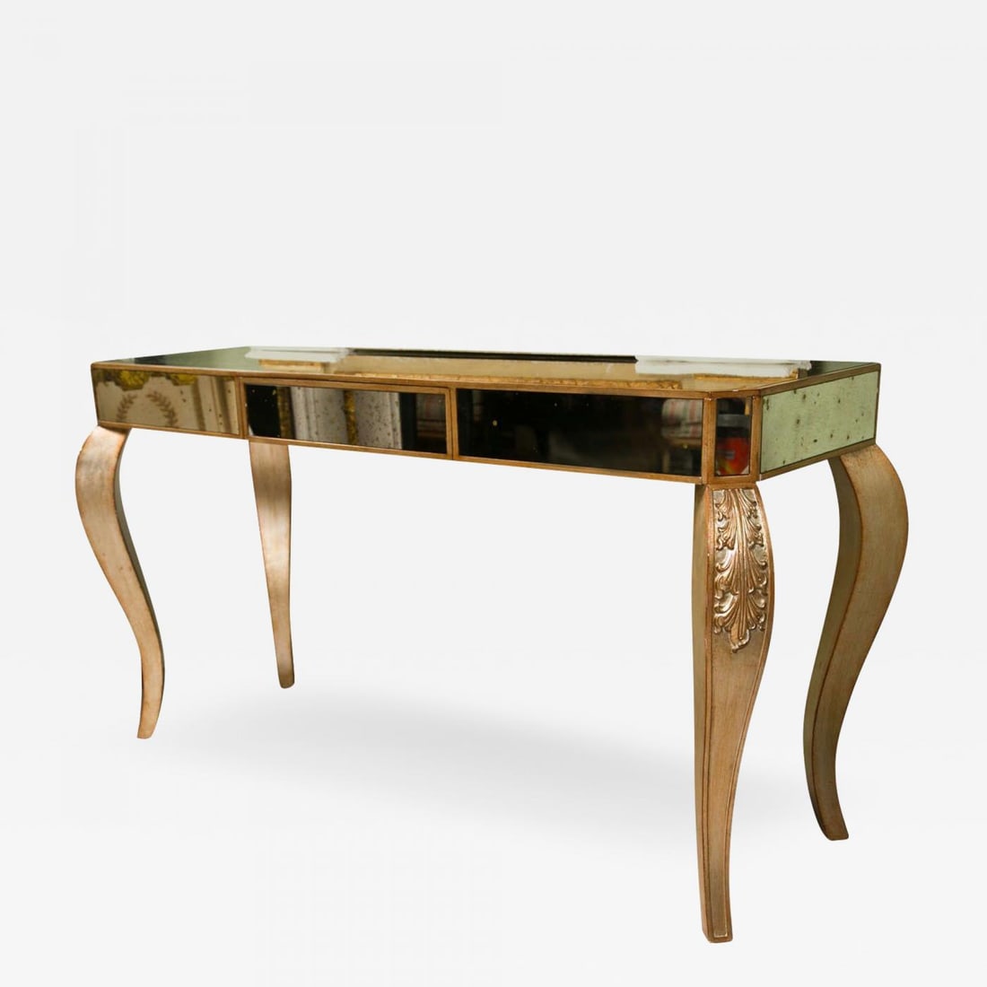 Hollywood Regency Style Mirror Console Table With Gold Gilt Frame Single Drawer: Title: Hollywood Regency Style Mirror Console Table With Gold Gilt Frame Single DrawerDescription: An elegant decorative console table, gold gilded frame with mirror veneered top fitted with a single