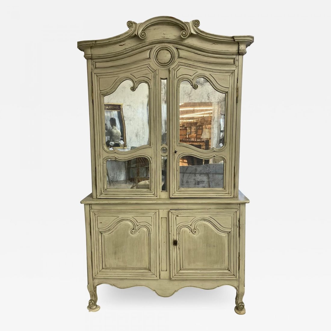 19th Century Gustavian Bookcase Cabinet, Cupboard, Antiqued Mirror, French: Title: 19th Century Gustavian Bookcase Cabinet, Cupboard, Antiqued Mirror, FrenchDescription: Gustavian Bookcase Cabinet, Cupboard. 19th Century Painted Carved Wood having Antiqued Mirrored Door Front
