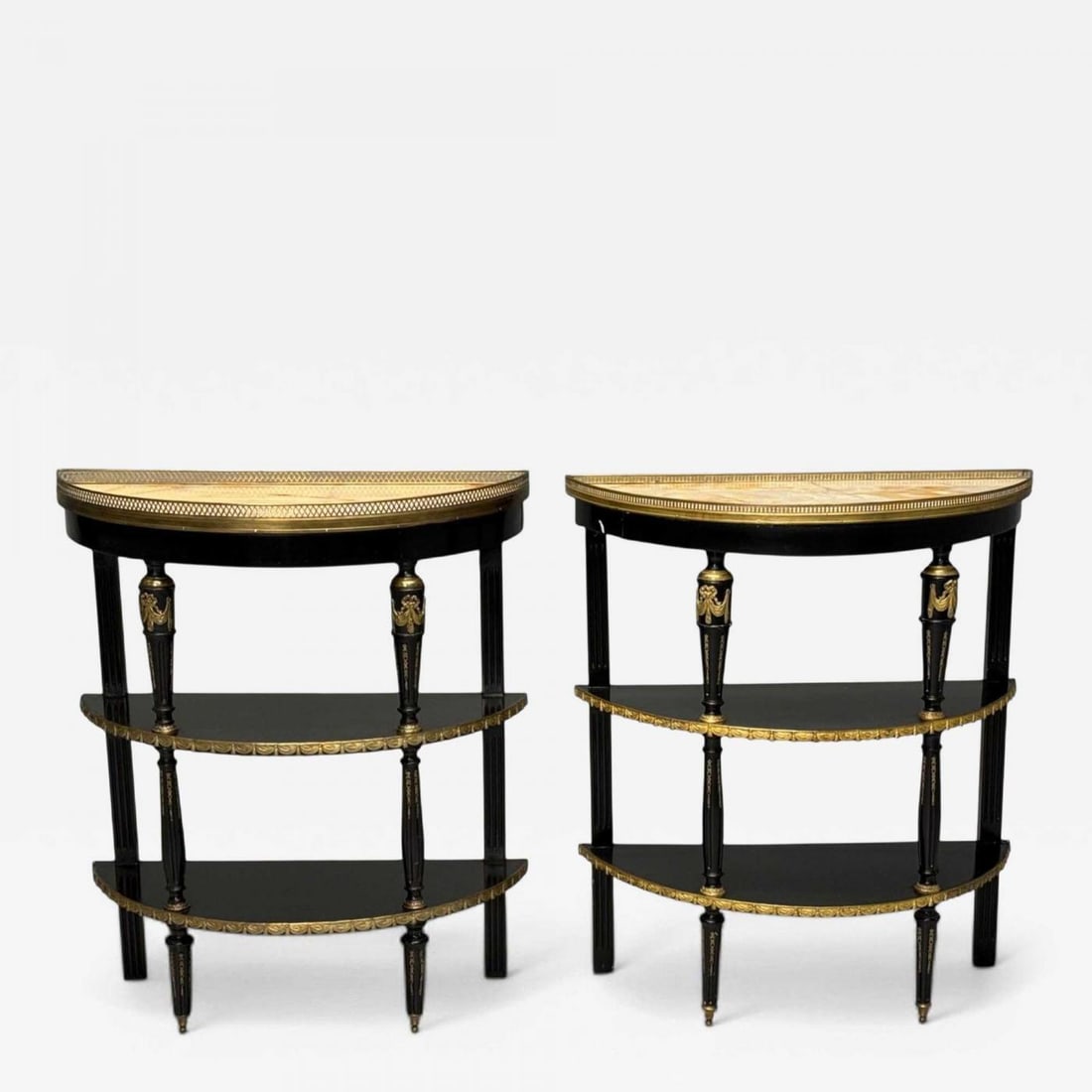 Hollywood Regency, Ebony Painted Wood, Onyx, Demilune Console Tables, 1930s: Title: Hollywood Regency, Ebony Painted Wood, Onyx, Demilune Console Tables, 1930sDescription: Jansen Style, Hollywood Regency, Ebony Painted Wood, Demilune Console Tables, Desert Stands, France, 1930