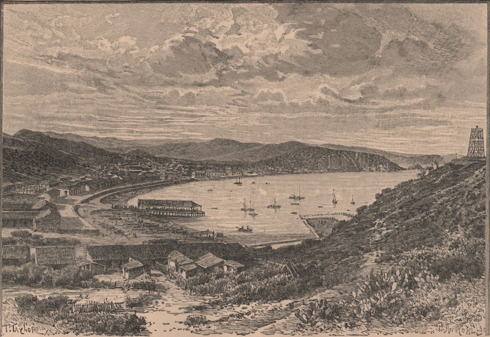 General view of Carupano. Venezuela 1885 old antique vintage print picture: General view of Carupano'. Engraved for Élisée Reclus. Published 1885. Antique wood-engraved print. Size 13 x 19 cm | 5.0 x 7.5 inches. Condition: Good; suitable for framing. Please check th