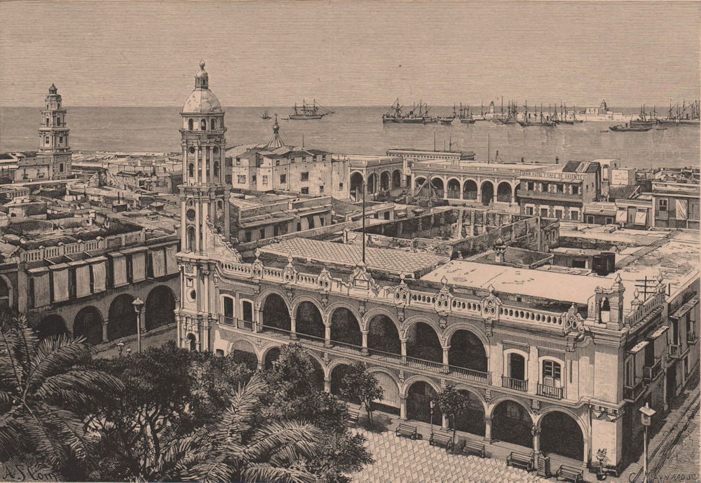 Veracruz and Castle of San Juan de Ulua/Ulúa. Mexico 1885 old antique print (1 of 1)