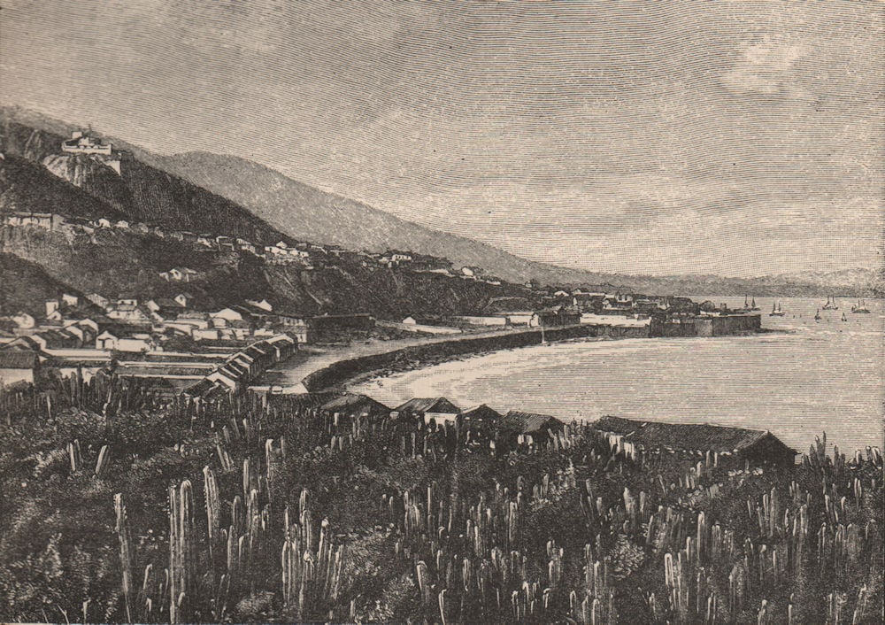 La Guaira; view taken at Carvonal. Vargas, Venezuela 1885 old antique print: La Guaira; view taken at Carvonal'. Engraved for Élisée Reclus. Published 1885. Antique wood-engraved print. Size 10 x 15 cm | 4.0 x 5.5 inches. Condition: Good; suitable for framing. Please