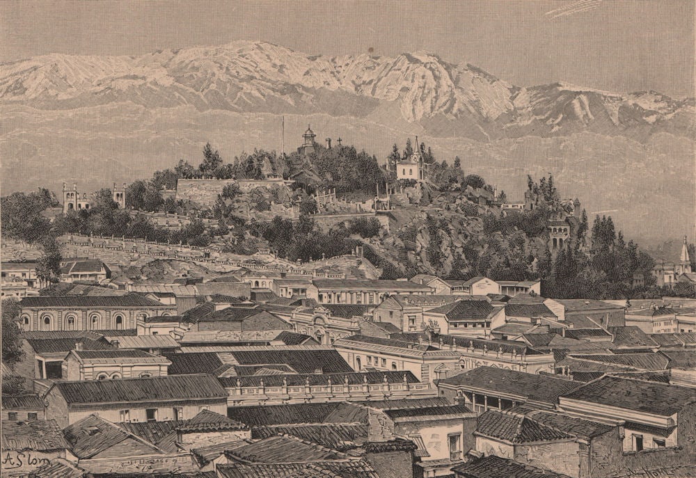 Santiago - View taken opposite the Cerro Santa Lucia. Chile 1885 old print: Santiago-view taken opposite the Cerro de Santa Lucia'. Engraved by A. Kohl, Sc; drawn by A. Slom. Published 1885. Antique wood-engraved print. Size 13 x 19 cm | 5.0 x 7.5 inches. Condition: Good; sui